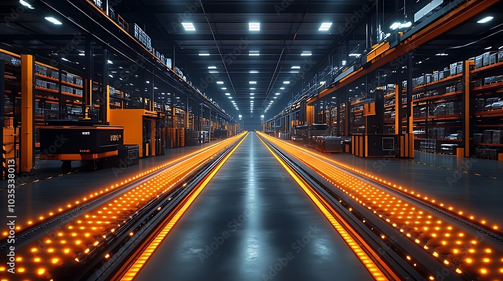 A long, empty warehouse with a robotic forklift and automated lighting. A long, empty warehouse with a robotic forklift and automated lighting.