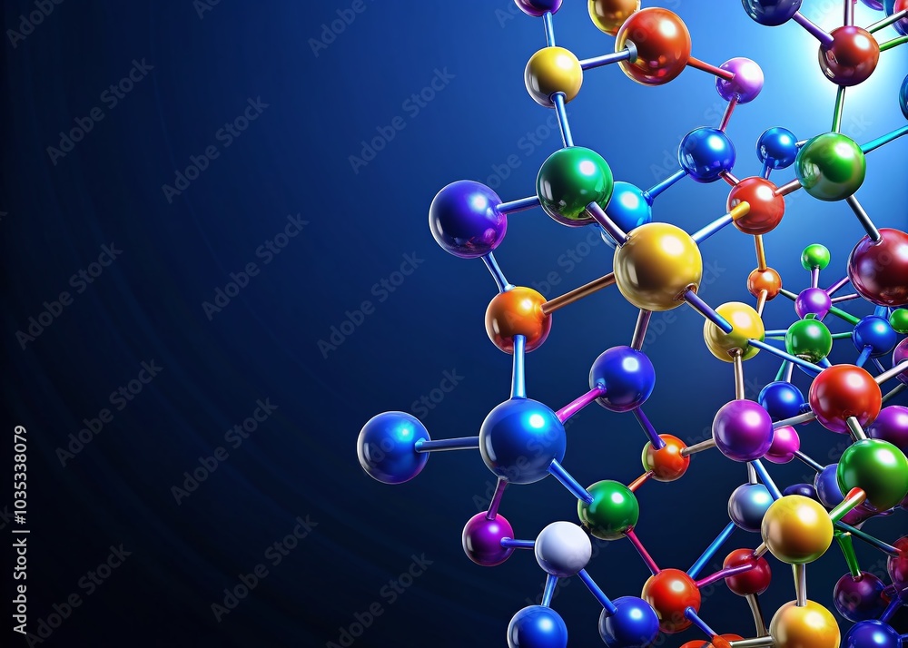 Colorful Molecular Structure Illustration with Abstract Atoms and Molecules on Dark Blue Background for Scientific Colorful Molecular Structure Illustration with Abstract Atoms and Molecules on Dark Blue Background for Scientific