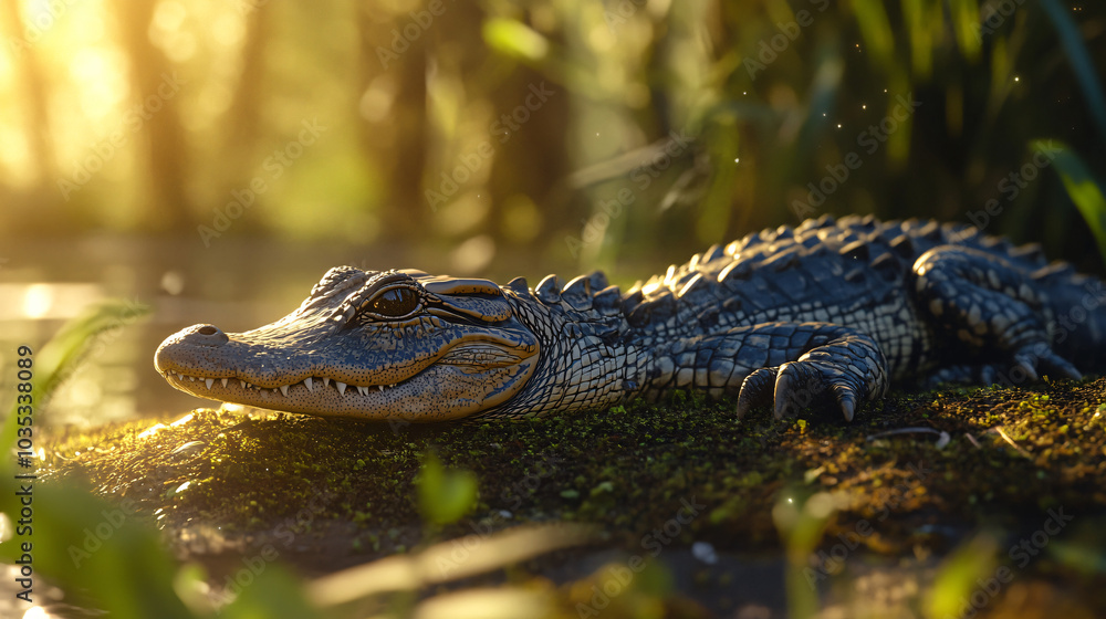 Fototapeta premium A cute baby alligator resting in the sun