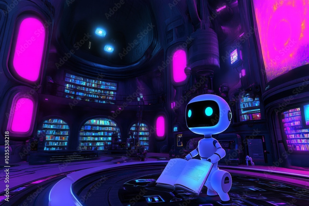 Futuristic Robot Library with Neon Lighting and Sci-Fi Vibes Futuristic Robot Library with Neon Lighting and Sci-Fi Vibes