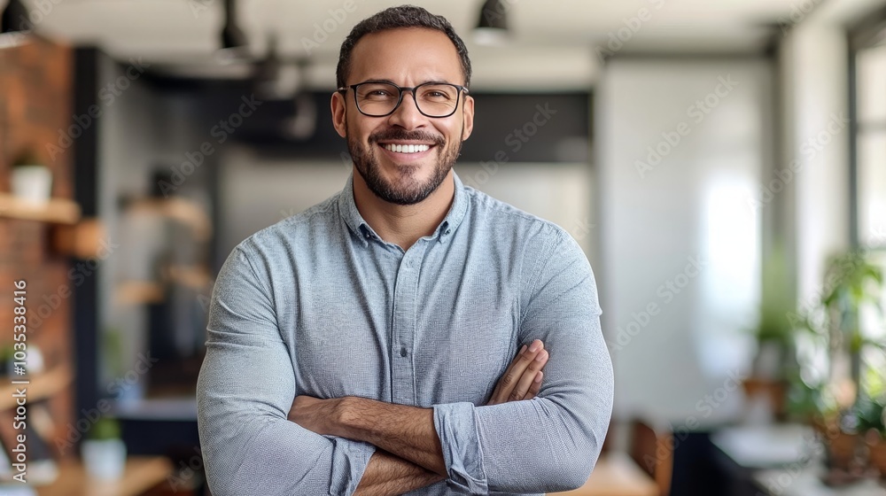 Confident Businessman Portrait Of A Smiling Man With Arms Crossed In A Modern Office Confident Businessman Portrait Of A Smiling Man With Arms Crossed In A Modern Office