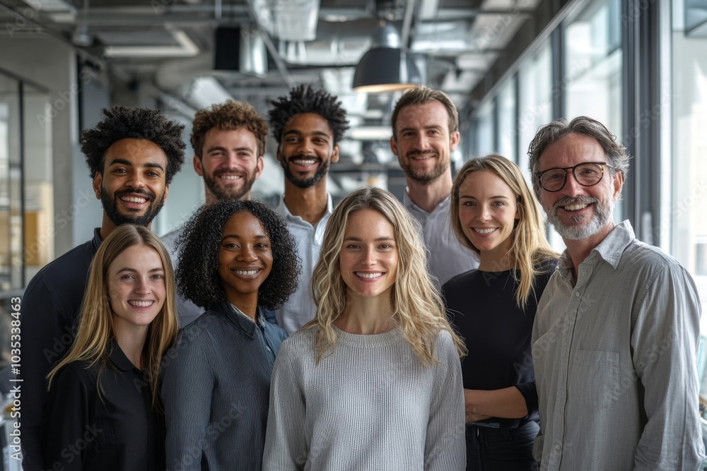 Happy team of businesspeople smiling in a modern office, Generative AI Happy team of businesspeople smiling in a modern office, Generative AI