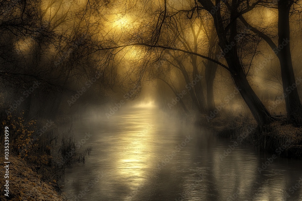 Misty River at Dawn with Golden Sunrise Through Trees Misty River at Dawn with Golden Sunrise Through Trees