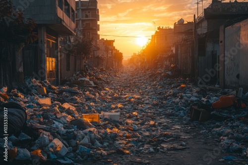 Sunset Overwhelms a Street Engulfed in Endless Garbage and Debris photo