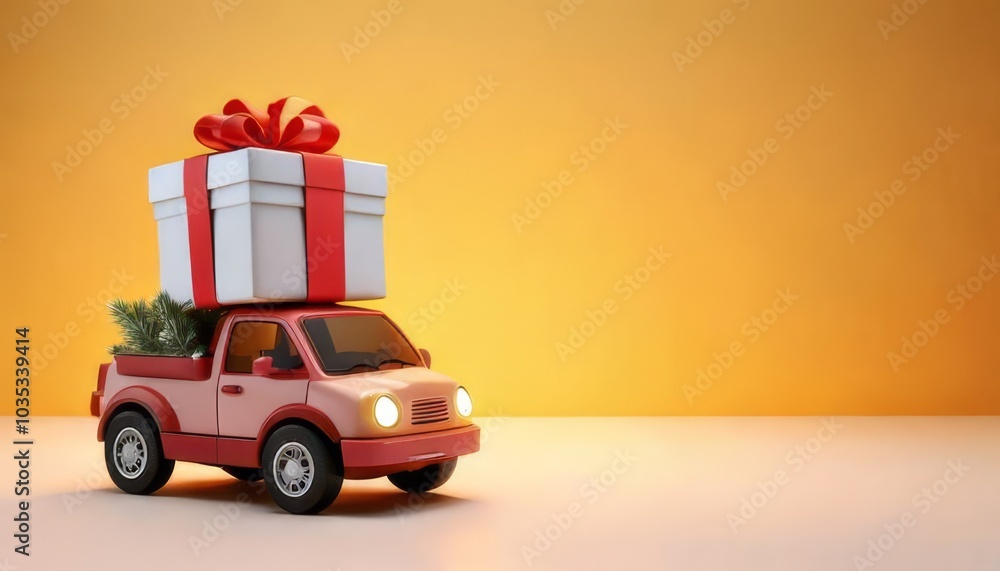A toy car carries a festive gift topped with a bow against a bright yellow background, symbolizing celebration and joy. A toy car carries a festive gift topped with a bow against a bright yellow background, symbolizing celebration and joy.