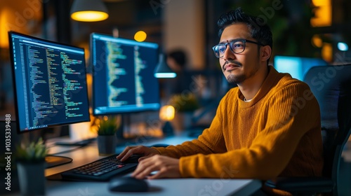 Indian Programmer Focused on Writing Code in a Modern Office Setting at Night photo