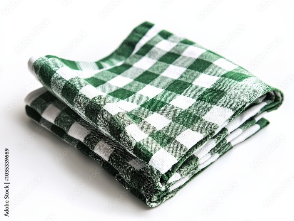 Checkered Napkin. Green Tablecloth Isolated on White Background Checkered Napkin. Green Tablecloth Isolated on White Background