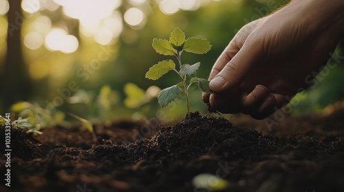 Wallpaper Mural hand gently nurturing a small sapling in rich, dark soil, Torontodigital.ca