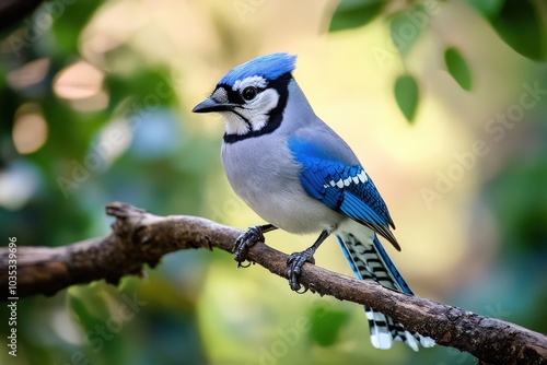 Blue Jay Bird perched on Tree Branch in Backyard Nature Scene