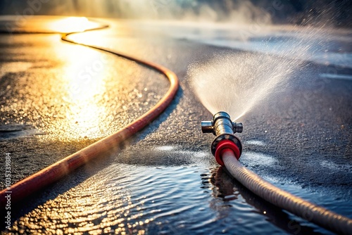 Silhouette fire hose nozzle red wet asphalt photo