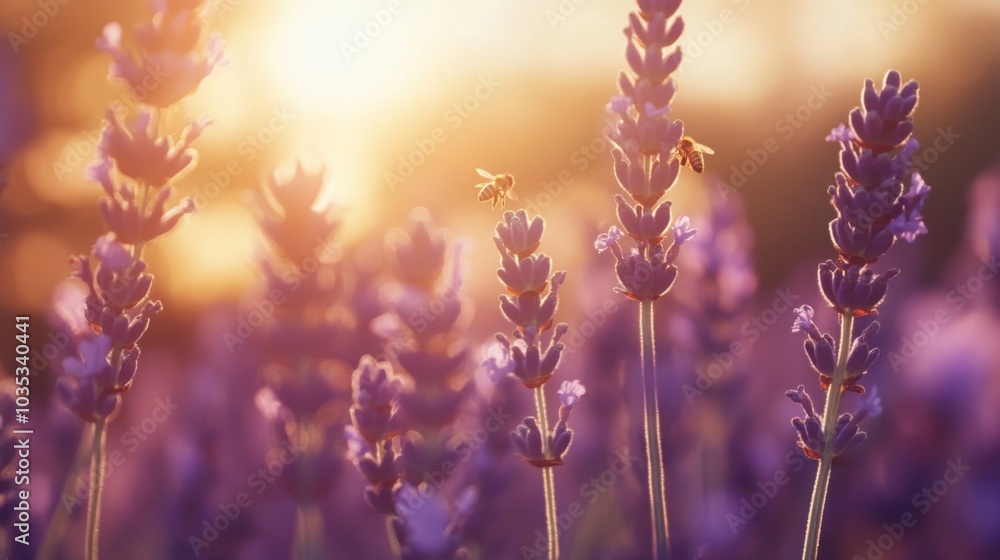 Lavender Flowers in a Field at Sunset with Bees Flying Lavender Flowers in a Field at Sunset with Bees Flying