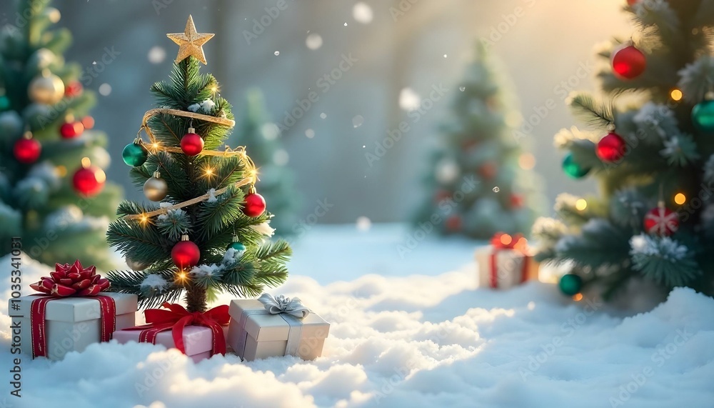 Christmas-themed backdrop featuring a small decorated tree with ornaments and lights, set in a snowy background. Perfect for holiday designs, the scene includes gift boxes. 