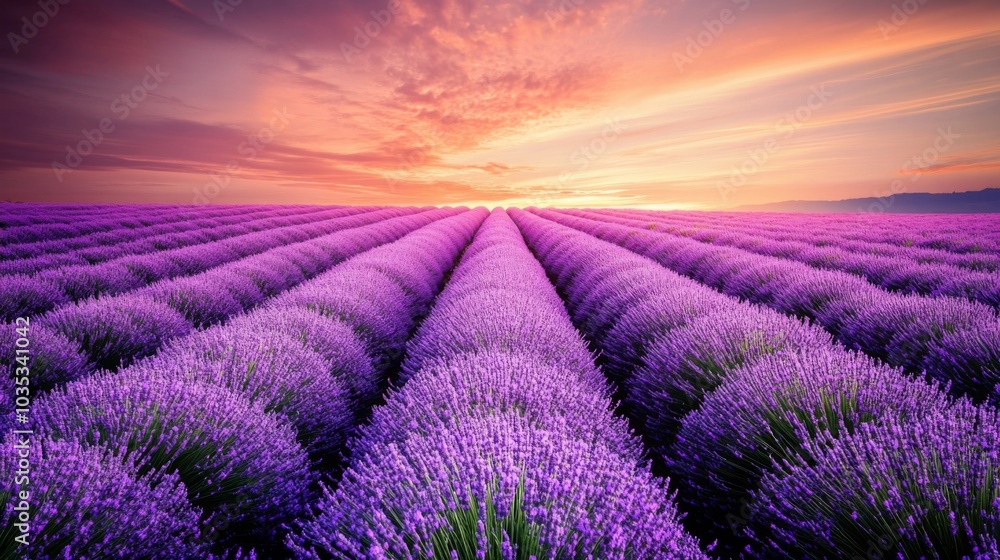 Obraz premium Lavender Field at Sunset with a Dramatic Sky