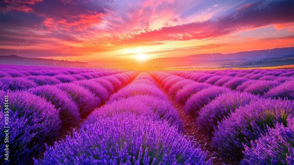 Lavender Field at Sunset with a Vivid Sky Lavender Field at Sunset with a Vivid Sky
