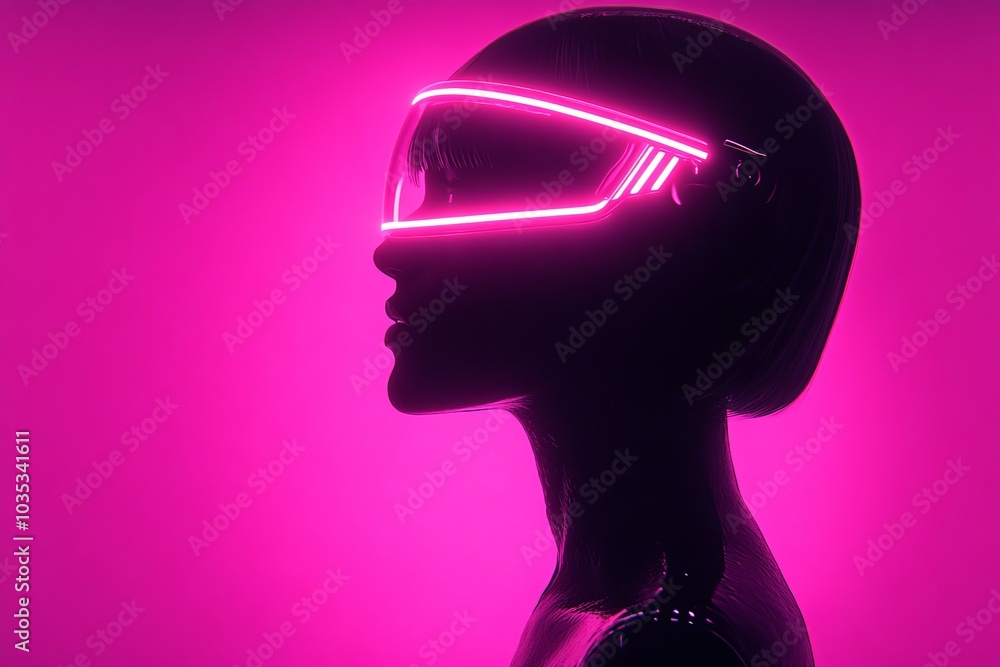 Abstract neon portrait of a woman wearing a futuristic visor symbolizing digital creativity tech driven communication and modern design in a vibrant futuristic setting Abstract neon portrait of a woman wearing a futuristic visor symbolizing digital creativity tech driven communication and modern design in a vibrant futuristic setting