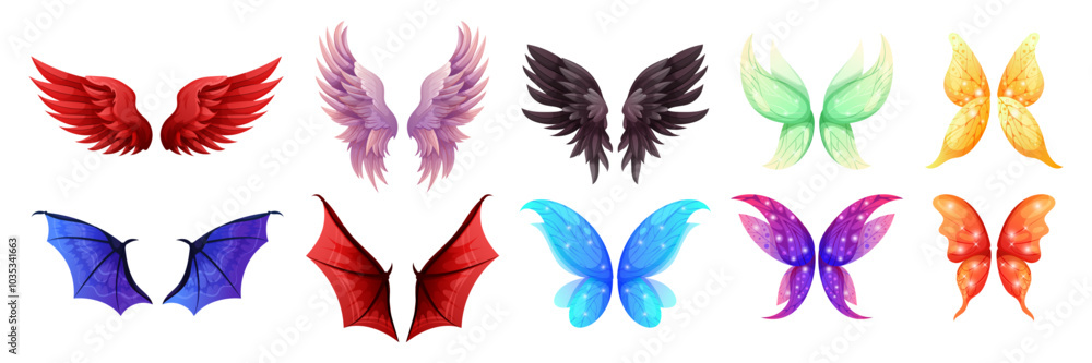 Wing magic cartoon isolated icons. Character element fairy, butterfly and elf, devil, dragon and bat carnival or Halloween costume. Fantasy princess pixie. Graphic game symbol bird. Vector garish set Wing magic cartoon isolated icons. Character element fairy, butterfly and elf, devil, dragon and bat carnival or Halloween costume. Fantasy princess pixie. Graphic game symbol bird. Vector garish set
