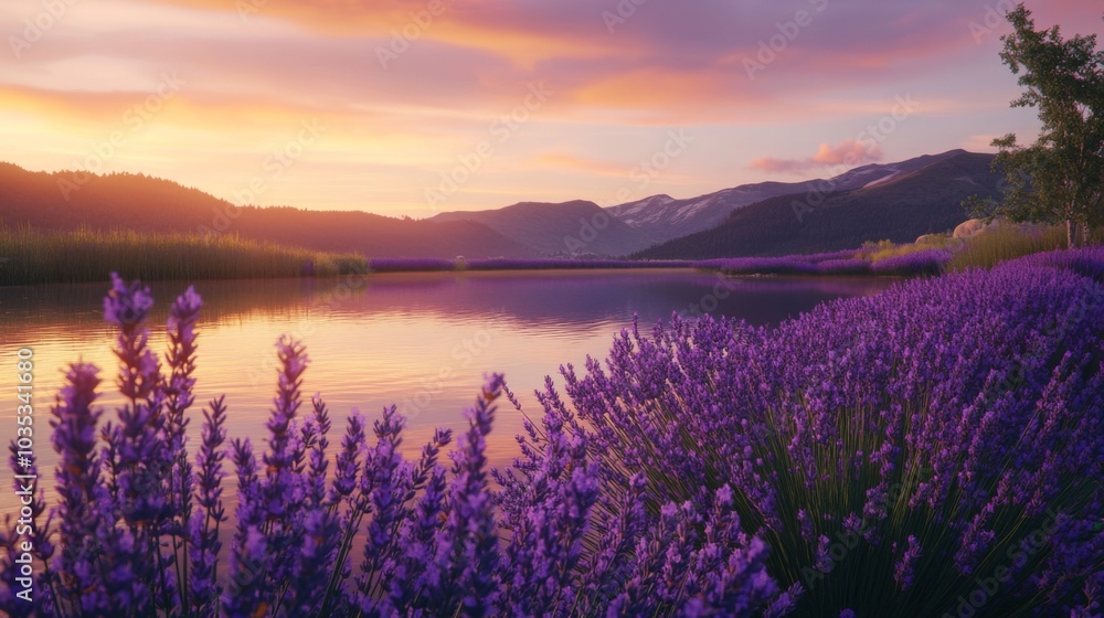 Obraz premium Lavender Field at Sunset with a Mountain Lake in the Background