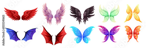 Wing magic cartoon isolated icons. Character element fairy, butterfly and elf, devil, dragon and bat carnival or Halloween costume. Fantasy princess pixie. Graphic game symbol bird. Vector garish set