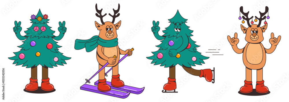 Fototapeta premium Set of funny retro cartoon christmas tree and deer characters. Vintage Christmas mascot in trendy groovy hippie style. Nostalgic Festive holiday season concept. Vector illustration
