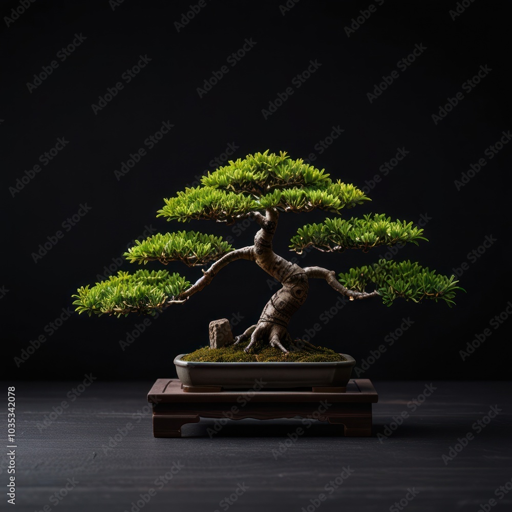 A bonsai tree with green leaves and a twisted trunk sits on a wooden stand against a black background. A bonsai tree with green leaves and a twisted trunk sits on a wooden stand against a black background.