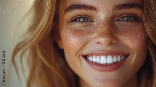 Smiling woman with freckles and long hair, bright expression against soft background.