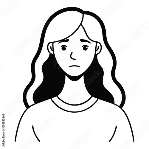 Continuous line drawing of young woman feeling sad, tired and worried suffering from depression in mental health black vector illustration on white background