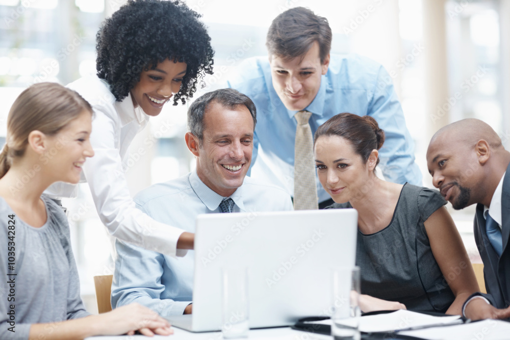 Happy, business people and pointing with laptop in meeting for project, research or corporate development at office. Young, group or employees with team on computer for software or web at workplace Happy, business people and pointing with laptop in meeting for project, research or corporate development at office. Young, group or employees with team on computer for software or web at workplace
