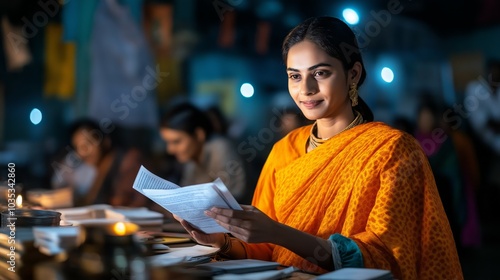 Indian Woman Studying at Night School with Focus and Determination in Traditional Attire photo