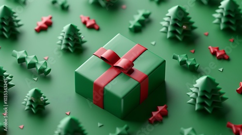 3D Festive Green Gift Box with Red Ribbon and Trees Background