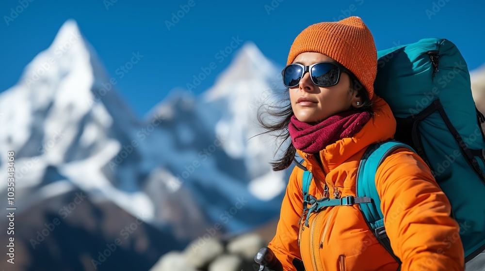 Woman Climber in Snowy Mountains with Backpack and Winter Gear Woman Climber in Snowy Mountains with Backpack and Winter Gear