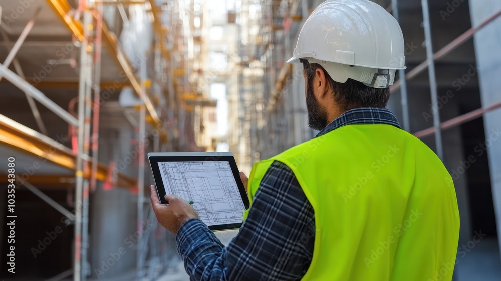 expert engineer inspecting construction materials while wearing a safety helmet and reflective jacket expert engineer inspecting construction materials while wearing a safety helmet and reflective jacket