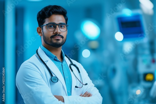 Focused Indian Physician with Stethoscope in High-Tech Healthcare Facility