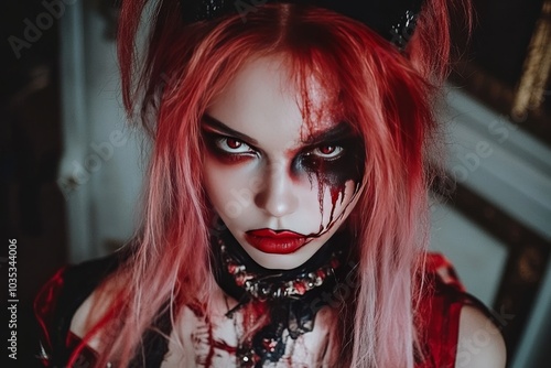 Creepy woman with red hair smeared makeup and intense gaze in dark environment evoking fear and intensity in a Halloween inspired horror themed setting with dramatic lighting photo