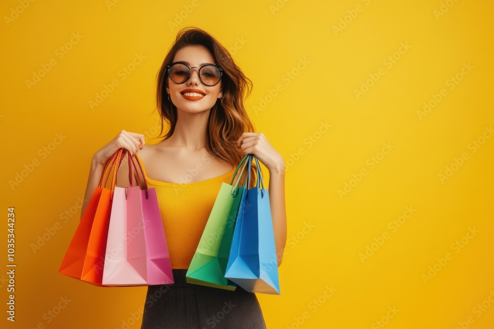 A fashionable young woman in sunglasses holding several brightly colored shopping bags, standing confidently against a yellow background A fashionable young woman in sunglasses holding several brightly colored shopping bags, standing confidently against a yellow background