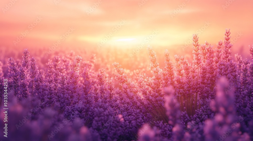 Fototapeta premium Lavender Field at Sunset with Soft Light and Vibrant Colors