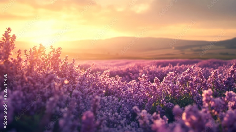 Fototapeta premium Lavender Field at Sunset with Golden Sky