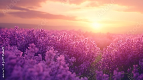 Lavender Field at Sunset with a Blurred Sun