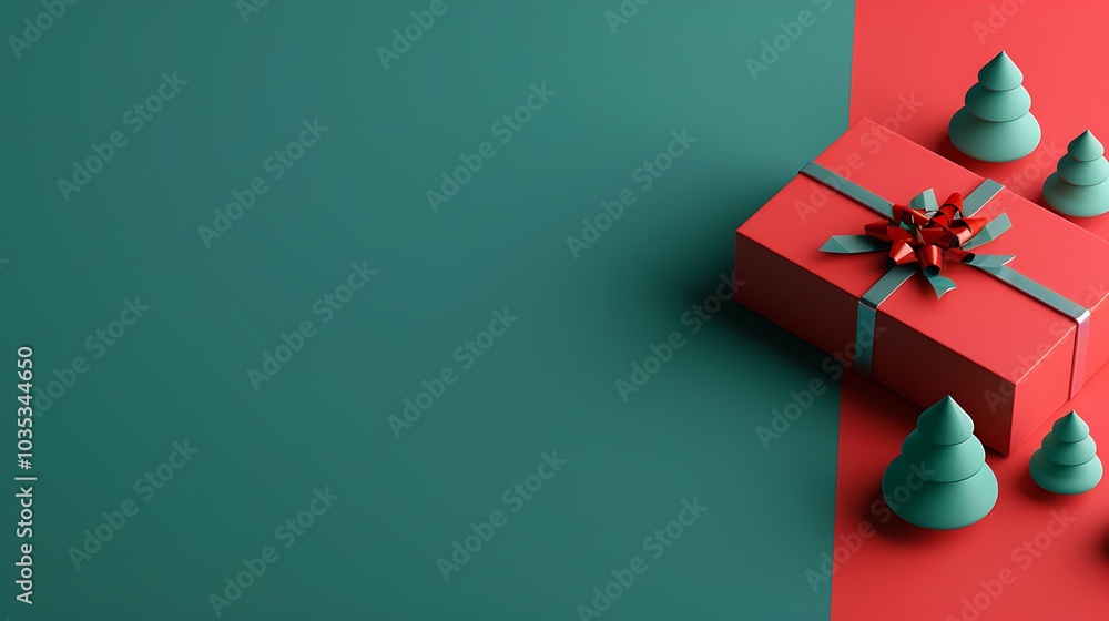 3D Minimalist Christmas Gift Box with Trees on Background 3D Minimalist Christmas Gift Box with Trees on Background