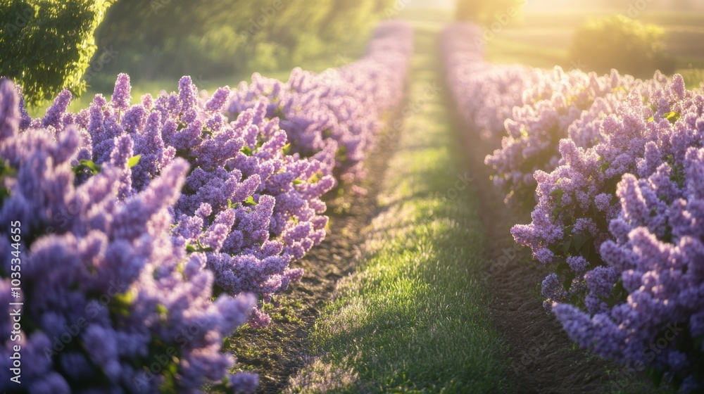 Obraz premium A Path Through a Field of Blooming Lilac Bushes