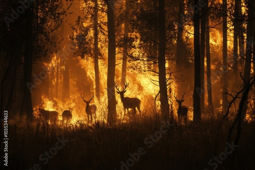 Several deer stand in a burning forest, surrounded by intense flames and heat, showing the destructive force of wildfires on wildlife and nature. photo