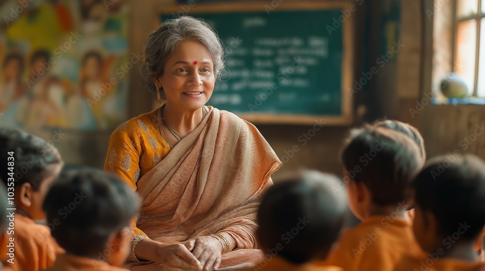 Confident and Caring Indian Teacher Engaging with Students in a Warm Classroom Setting