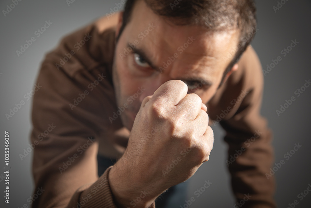 Angry caucasian man threatening with his fist. Angry caucasian man threatening with his fist.