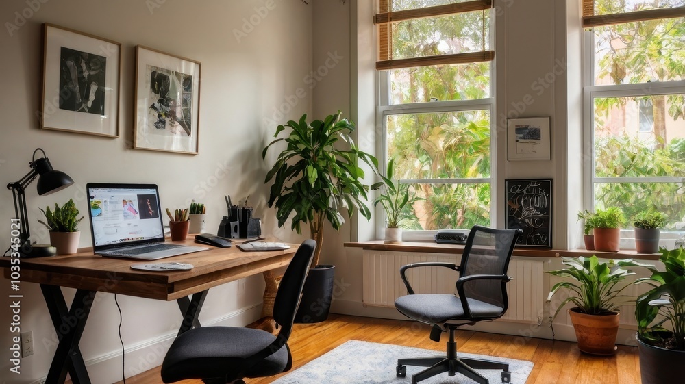 Bright and airy home office with a corner desk, perfect for remote work or study. Natural light streams through the window, illuminating the plants and laptop Bright and airy home office with a corner desk, perfect for remote work or study. Natural light streams through the window, illuminating the plants and laptop