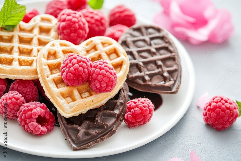 Heart-shaped chocolate and vanilla waffles topped with fresh raspberries on a plate with pink flowers Heart-shaped chocolate and vanilla waffles topped with fresh raspberries on a plate with pink flowers