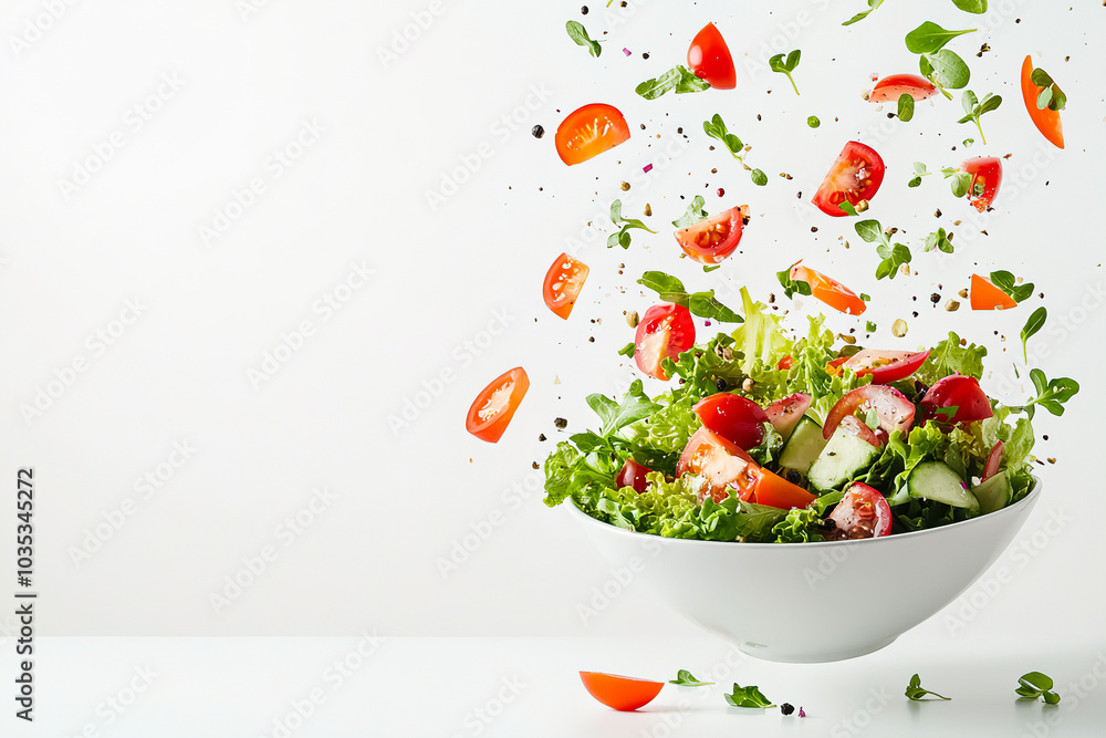 Fresh salad ingredients toss in the air creating a vibrant mix on a light background in a modern kitchen setting. Generative AI Fresh salad ingredients toss in the air creating a vibrant mix on a light background in a modern kitchen setting. Generative AI