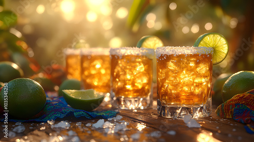 A Row of Tequila Shots with Lime and Salt – Vibrant Bar Scene Perfect for Party Themes, Nightlife Promotions, and Beverage Advertising. Captures Festive Moments with a Focus on Drinks and Social Celeb