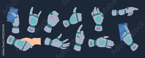 Robot hand gestures. Technology digital brain. Work innovation future science. Handshake human and AI. Machine tech mechanical intelligence. Cartoon flat style isolated illustration. Vector tidy icons