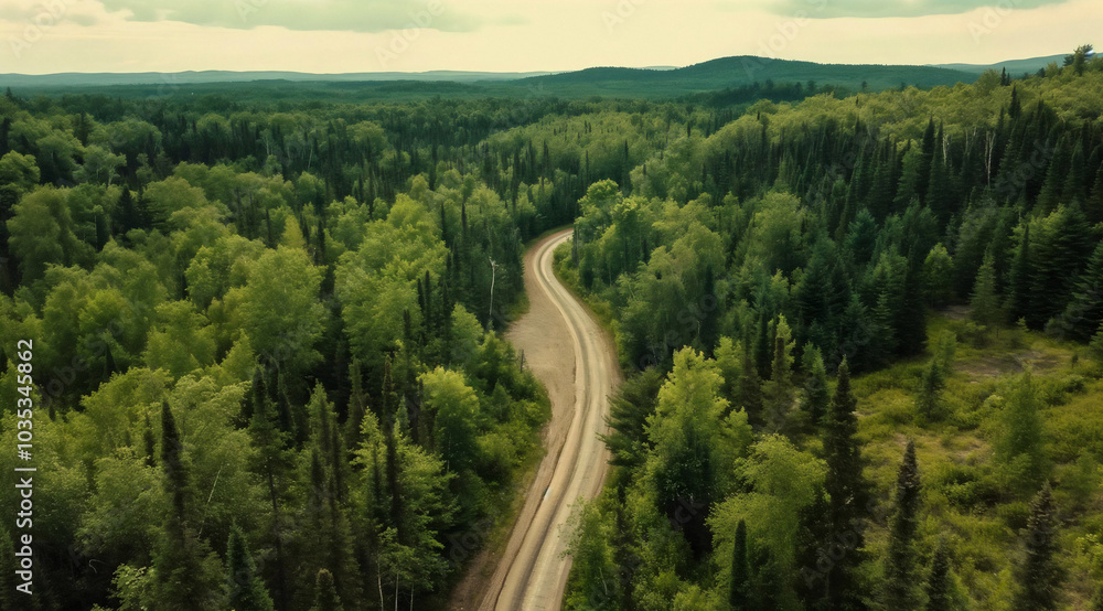 Aerial view of asphalt road through green forest with pine trees, top-down view. Forest Road view from above.
