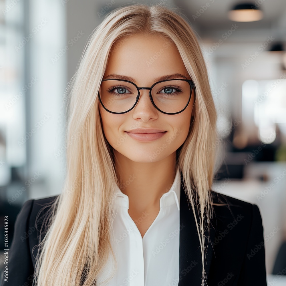 Confident. Businesswoman In Glasses Smiling At Camera, Portrait Of Successful Young Lady In Office. Confident. Businesswoman In Glasses Smiling At Camera, Portrait Of Successful Young Lady In Office.