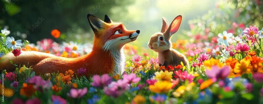 A fox and a rabbit playing hide and seek in a flower meadow, fox, rabbit, joyful and vibrant A fox and a rabbit playing hide and seek in a flower meadow, fox, rabbit, joyful and vibrant